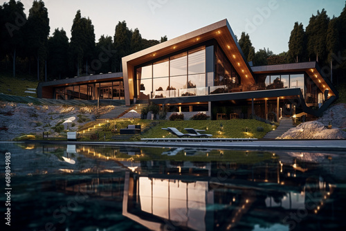 New modern house. new construction. Creative structure. Future architechture. Strict contours mixed with wraparound surfaces. Minimalism and pinkness. Richness and glamour.