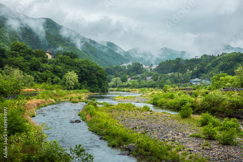 River runs through mountain village