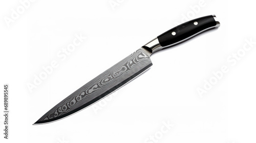 Knife with multi-layered damascus blade on white background