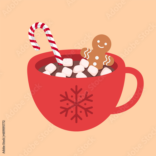 Cup of hot chocolate with marshmallows and gingerbread man. Christmas drink vector illustration.