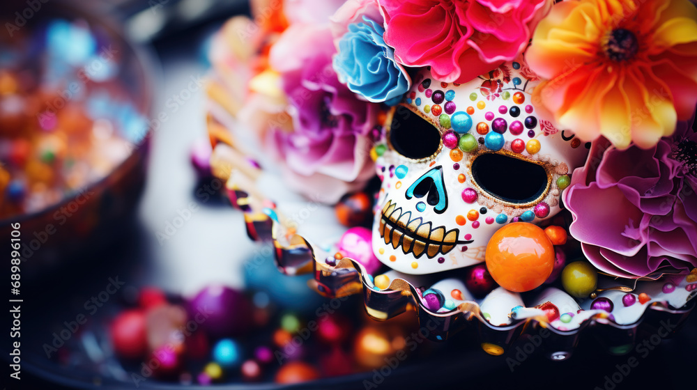 Colorful skulls with flowers on platter Colorful skulls with flowers on platter
