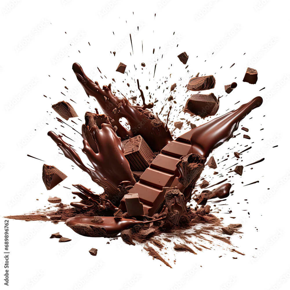 Chocolate pieces breaking on a transparent surface, creating a vibrant display. - obrazy, fototapety, plakaty 