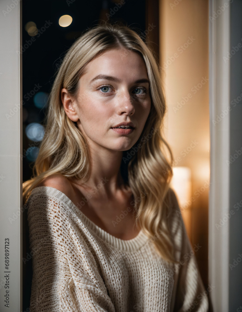 photo of beautiful woman with blonde hair and sweater standing in front of room door, generative AI photo of beautiful woman with blonde hair and sweater standing in front of room door, generative AI