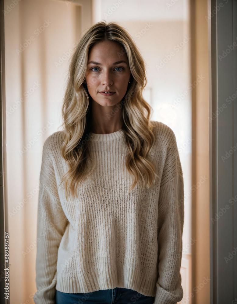 photo of beautiful woman with blonde hair and sweater standing in front of room door, generative AI photo of beautiful woman with blonde hair and sweater standing in front of room door, generative AI