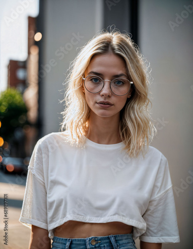 photo of beautiful woman with blonde hair and glasses standing at pavement street city, generative AI © Flash