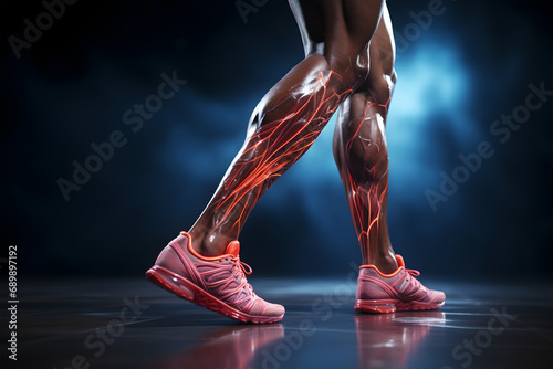 athlete's legs showing blood vessels through x-ray. muscle lesions and blood vessels. ai generated photo