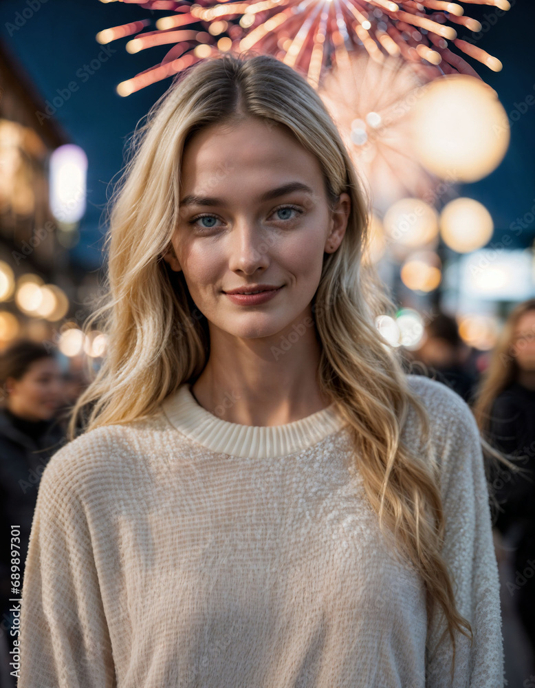 photo of beautiful woman with blonde hair in sweater standing with crowd in busy festival celebration community street , generative AI photo of beautiful woman with blonde hair in sweater standing with crowd in busy festival celebration community street , generative AI