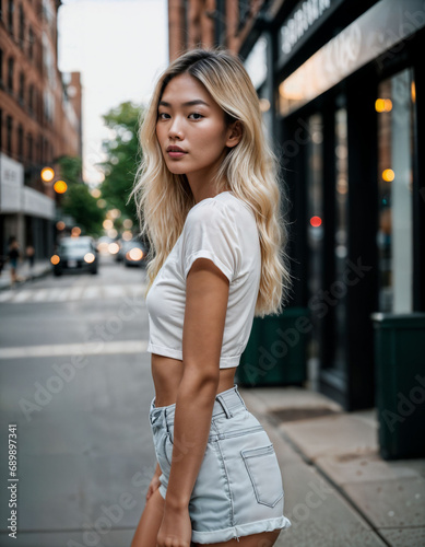 photo of beautiful asian woman with blonde hair and tank top standing at pavement street, generative AI