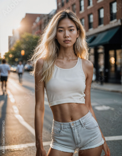photo of beautiful asian woman with blonde hair and tank top standing at pavement street, generative AI