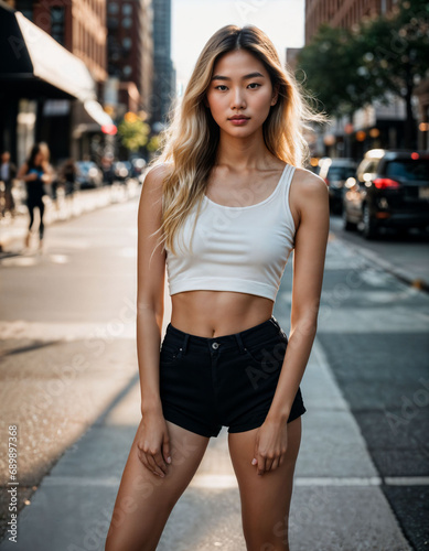 photo of beautiful asian woman with blonde hair and tank top standing at pavement street, generative AI