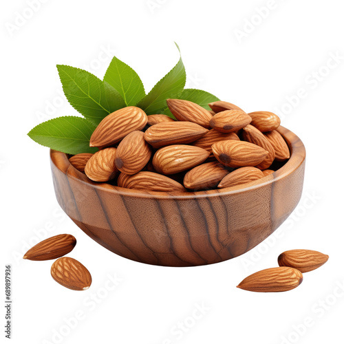 Isolated wooden bowl filled with almonds, surrounded by leaves on transparent.