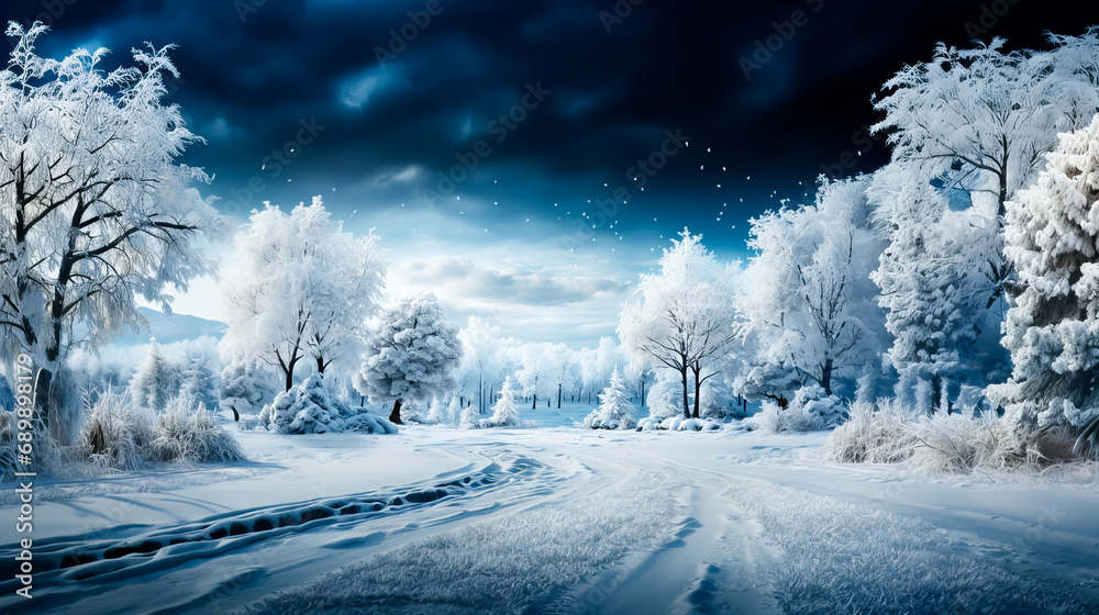 Beautiful winter landscape with snow covered trees and blue sky with clouds. Dramatic wintry scene. HDR image. Generative AI technology.