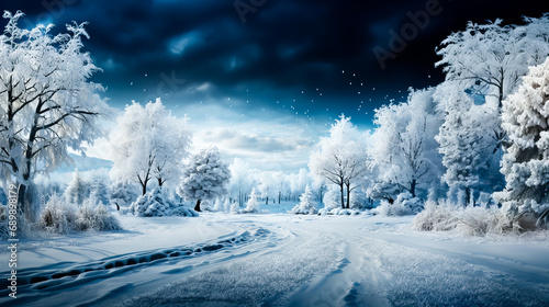 Beautiful winter landscape with snow covered trees and blue sky with clouds. Dramatic wintry scene. HDR image. Generative AI technology. © Grycaj
