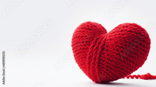 Coeur tricoté avec une pelote de laine de fil rouge. Amour, sentiment, tricot, couture. Pour conception et création graphique.  photo
