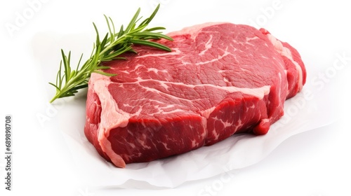 Fresh Raw Beef Cut with Rosemary Herb on Pure White Background