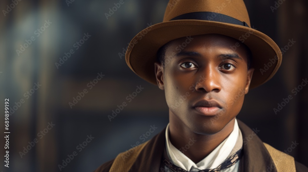 Photorealistic Adult Black Man with Blond Straight Hair Vintage Illustration. Portrait of a person wearing hat, retro 20s movie style. Retro fashion. Ai Generated Horizontal Illustration. Photorealistic Adult Black Man with Blond Straight Hair Vintage Illustration. Portrait of a person wearing hat, retro 20s movie style. Retro fashion. Ai Generated Horizontal Illustration.