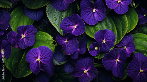 Fond de fleurs violettes avec leurs feuilles. Nature, fleur, violet. Motif floral pour décoration, création graphique et conception. photo