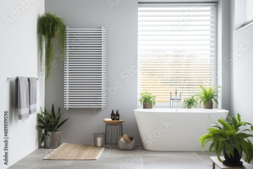 Bathroom with white radiator and plants