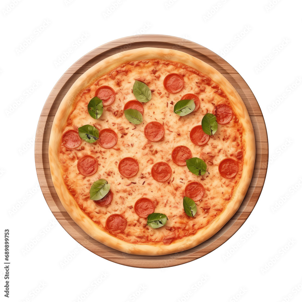Round wooden plate with pizza on top, rendered in ai. Isolated on transparent.
