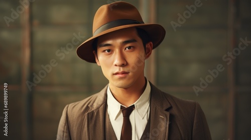 Photorealistic Adult Chinese Man with Brown Straight Hair Vintage Illustration. Portrait of a person wearing hat, retro 20s movie style. Retro fashion. Ai Generated Horizontal Illustration.