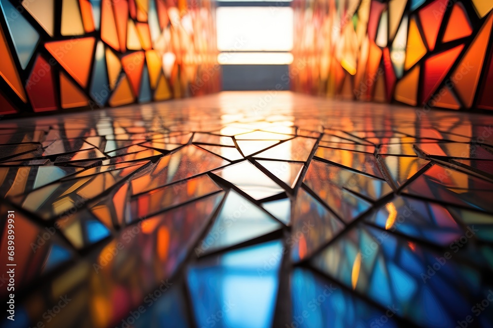A room with a stained glass floor and a window. Generative AI. - obrazy, fototapety, plakaty 