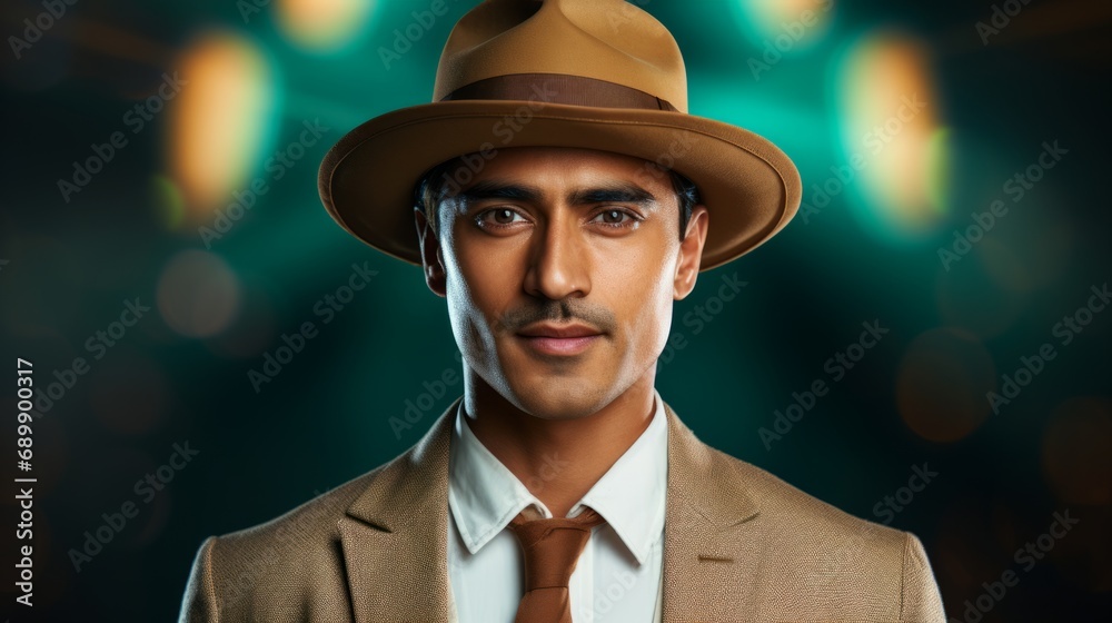 Photorealistic Adult Indian Man with Brown Straight Hair Vintage Illustration. Portrait of a person wearing hat, retro 20s movie style. Retro fashion. Ai Generated Horizontal Illustration.