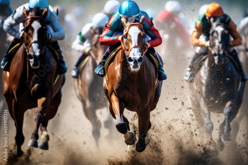 Horse and rider racing on a race track.