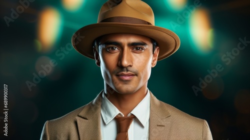 Photorealistic Adult Indian Man with Brown Straight Hair Vintage Illustration. Portrait of a person wearing hat, retro 20s movie style. Retro fashion. Ai Generated Horizontal Illustration.