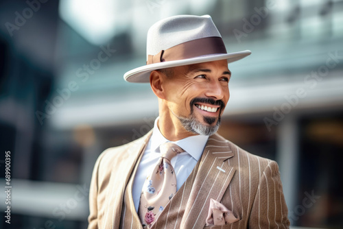 A man in a tan suit and hat smiles.