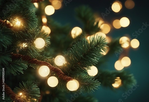 Decorative Christmas garland with coniferous branches and glowing light with a lot of copy space