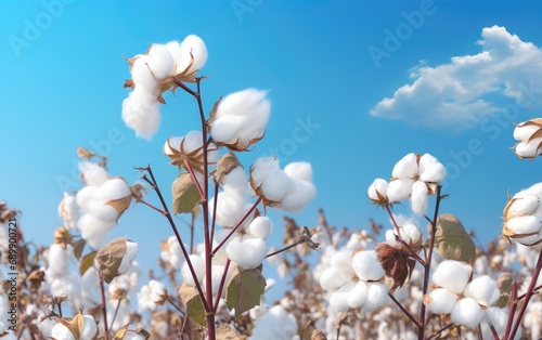 Cotton field plantation , close-up of a box of high-quality cotton against a blue sky.