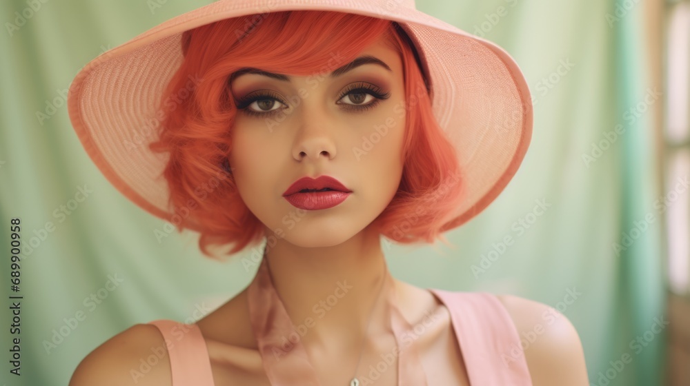 Photorealistic Adult Latino Woman with Pink Straight Hair Vintage Illustration. Portrait of a person wearing hat, retro 20s movie style. Retro fashion. Ai Generated Horizontal Illustration. Photorealistic Adult Latino Woman with Pink Straight Hair Vintage Illustration. Portrait of a person wearing hat, retro 20s movie style. Retro fashion. Ai Generated Horizontal Illustration.