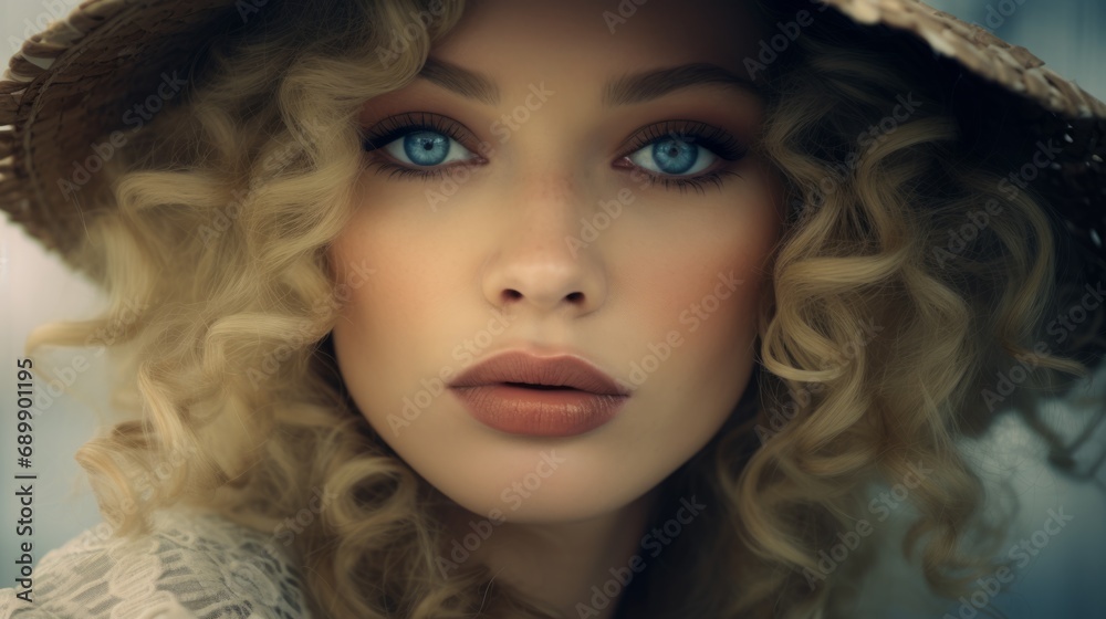Photorealistic Adult Persian Woman with Blond Curly Hair Vintage Illustration. Portrait of a person wearing hat, retro 20s movie style. Retro fashion. Ai Generated Horizontal Illustration.