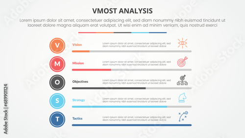 vmost analysis template infographic concept for slide presentation with percentage bar progress stack with 5 point list with flat style