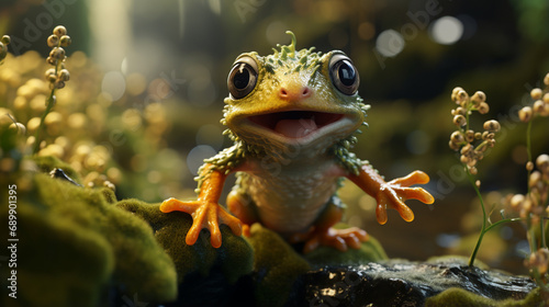 Gliding frog look like laughing on moss, Flying frog laughing, animal closeup. generative ai