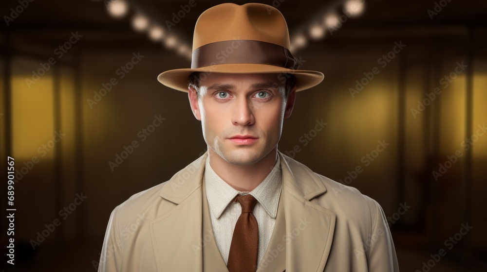 Photorealistic Adult White Man with Brown Straight Hair Vintage Illustration. Portrait of a person wearing hat, retro 20s movie style. Retro fashion. Ai Generated Horizontal Illustration.