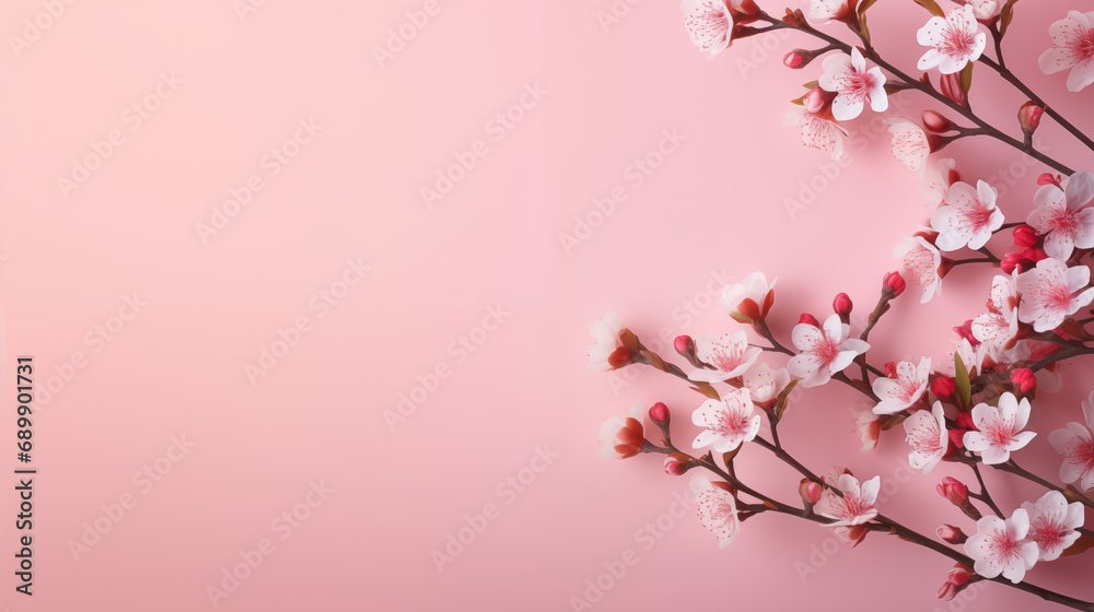 Horizontal banner with cherry pink and white blossoms on light pink background in flat lay style. Close up blooming sakura branches. Spring floral background with copy space for text. 