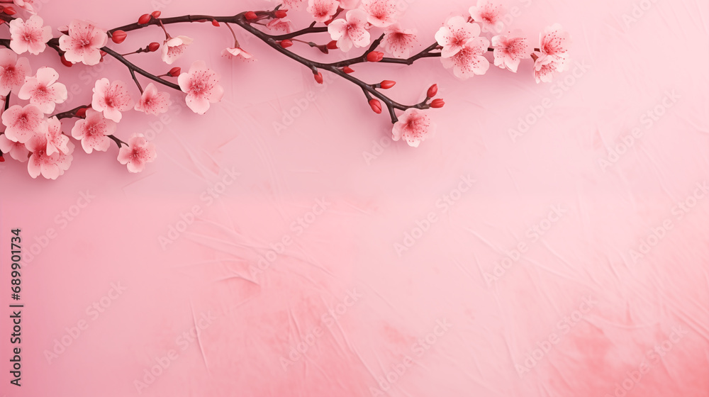 Horizontal banner with cherry pink and white blossoms on light pink background in flat lay style. Close up blooming sakura branches. Spring floral background with copy space for text. 