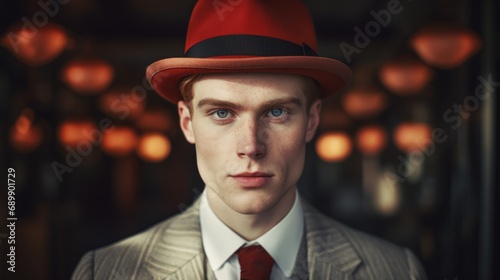 Photorealistic Adult White Man with Red Straight Hair Vintage Illustration. Portrait of a person wearing hat, retro 20s movie style. Retro fashion. Ai Generated Horizontal Illustration.