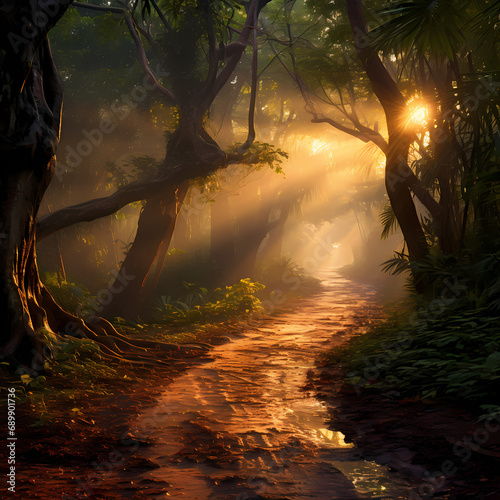 A sunlit path leading through a mystical forest © Cao