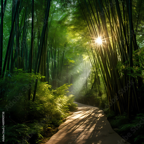 A sunlit path through a dense bamboo forest.