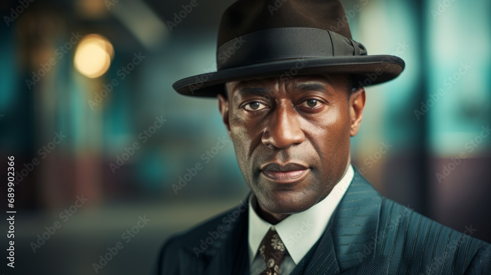 Photorealistic Old Black Man with Brown Straight Hair Vintage Illustration. Portrait of a person wearing hat, retro 20s movie style. Retro fashion. Ai Generated Horizontal Illustration. Photorealistic Old Black Man with Brown Straight Hair Vintage Illustration. Portrait of a person wearing hat, retro 20s movie style. Retro fashion. Ai Generated Horizontal Illustration.