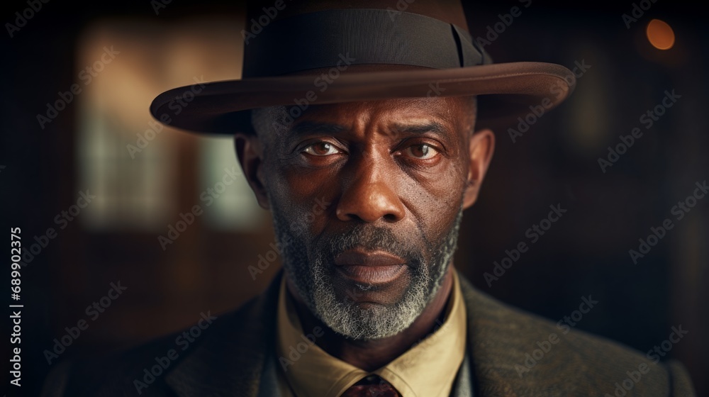Photorealistic Old Black Man with Brown Straight Hair Vintage Illustration. Portrait of a person wearing hat, retro 20s movie style. Retro fashion. Ai Generated Horizontal Illustration.