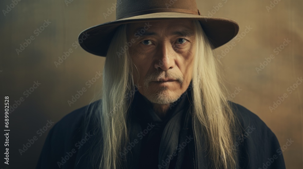 Photorealistic Old Chinese Man with Blond Straight Hair Vintage Illustration. Portrait of a person wearing hat, retro 20s movie style. Retro fashion. Ai Generated Horizontal Illustration. Photorealistic Old Chinese Man with Blond Straight Hair Vintage Illustration. Portrait of a person wearing hat, retro 20s movie style. Retro fashion. Ai Generated Horizontal Illustration.
