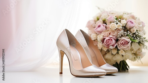 The bride's shoes, complemented by a stunning bridal bouquet, form a harmonious blend that enhances the overall beauty of her wedding ensemble, adding elegance to the celebration.