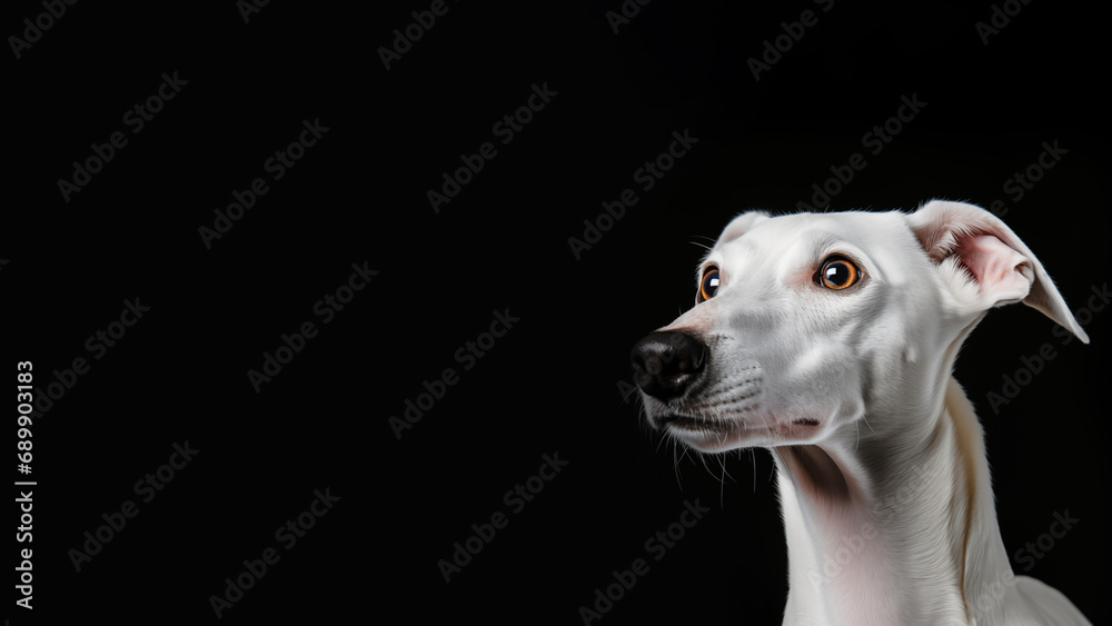 Excited White Coated Greyhound Dog on Minimalistic Black Background. Horizontal Banner with space for text with a beautiful dog patiently waiting. For Advertisement, Poster, Banner, Postcard, Excited White Coated Greyhound Dog on Minimalistic Black Background. Horizontal Banner with space for text with a beautiful dog patiently waiting. For Advertisement, Poster, Banner, Postcard,