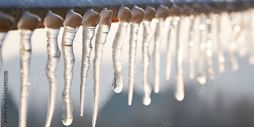 A Closeup Shot of Icicles on a Roof with Blurred Background  