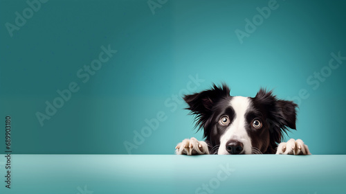 Black and White Coated Border Collie is Waiting and Begging for Food on Blue Background. Horizontal Banner with a funny dog looking up with space for text. For Advertisement, Poster, Banner, Postcard photo
