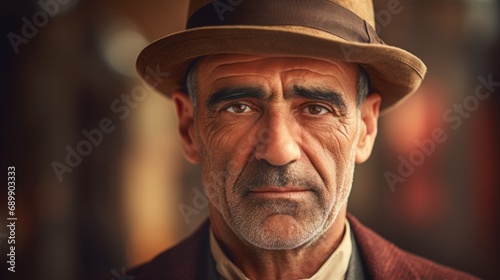 Photorealistic Old Persian Man with Brown Straight Hair Vintage Illustration. Portrait of a person wearing hat, retro 20s movie style. Retro fashion. Ai Generated Horizontal Illustration. © Vector Juice