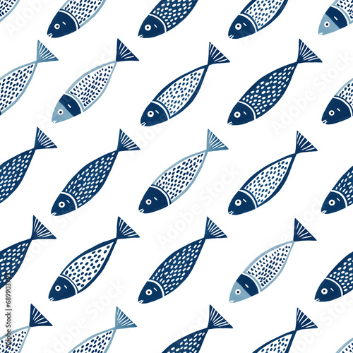 Seamless Pattern with Stylized Blue Fish on White Background in Diagonal Layout. Repeating Background with monochrome hand drawn fish illustrations. For print, graphic design, paper, wallpaper, 